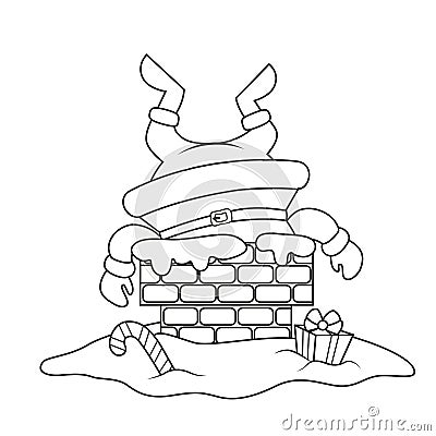 Santa Claus stuck in the chimney. Merry Christmas and Happy New Year. Black and white illustration for coloring book Vector Illustration